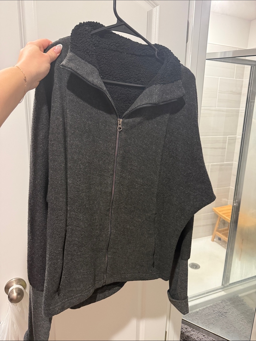 Cozy Dark Gray Zip-Up Sherpa Hoodie